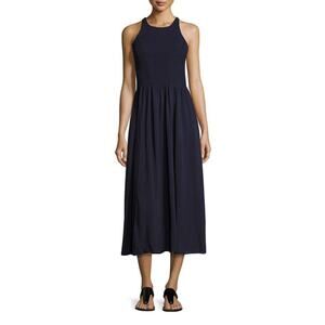 Tory Burch Smocked Racer Back Midi Fit & Flare Dress Style in Navy, M